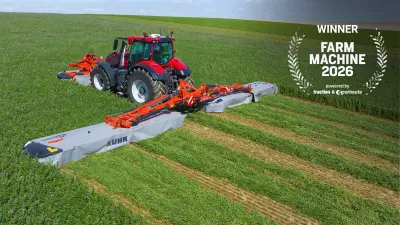 The GMD 15030 awarded FARM MACHINE 2026 at the AGRITECHNICA 2025 in Hannover. With a working width of 14.50 metres, the machine delivers up to 50% more output compared to traditional triple mower combinations, which typically range between 9 and 10 metres.