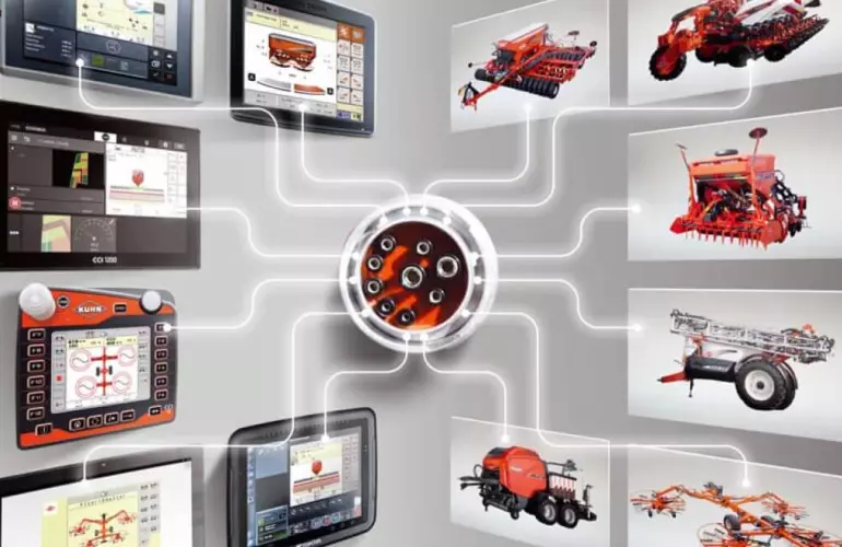 A tractor with a mounted machine and a tablet displaying the ISOBUS CCI control system interface.