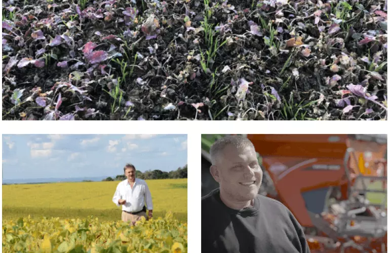 landscape and fields with happy farmers