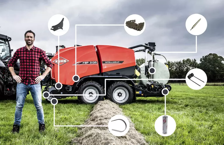 The different parts of a baler: pick-up tines and guides, rotor knives, belts and driveline parts such as sprockets and chains.