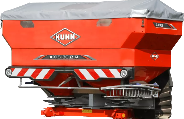 A close-up of an Axis 30.2 Q fertilizer spreader on a white background