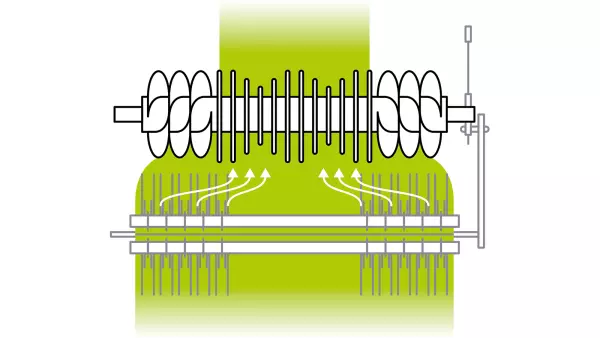 A rotor és a terményfelszedő fogak közötti rövid távolság miatt a terményáramlás egyenletes marad.