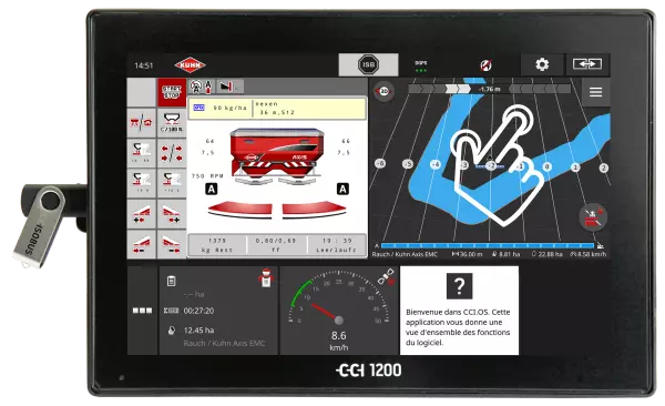 CCI 1200 terminál egy kéz sziluettel szemléltetve a MultiTouch funkciónak köszönhető intuitív navigációt.