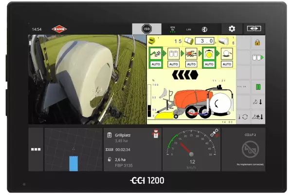A bálacsomagolás közben közvetített élő videókép előnyeit érzékeltető CCI 1200 terminál