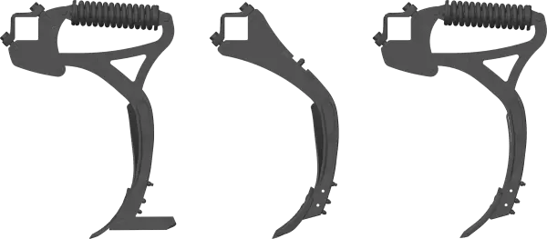 A CULTIMER kultivátorok két művelőelem-biztosítási módjának ábrázolása: az NSM biztosítás és a „T”-biztosítás.