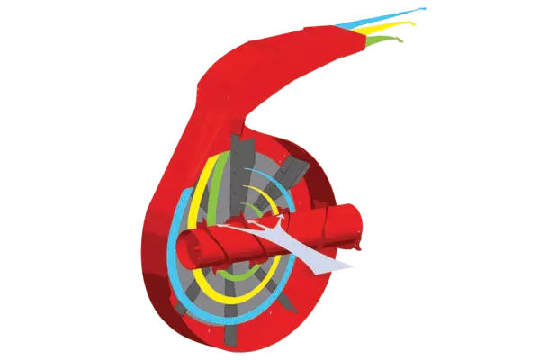 Hatékony szalmalazítás a szalma további aprítása nélkül, a KUHN PRIMOR 5570 M szalmafúvó és takarmánykiosztó pneumatikus szeparátorkamrájának köszönhetően.